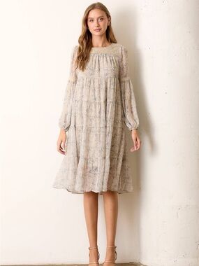 Polagram || Cream Floral Lace-Trim Midi Dress || medium